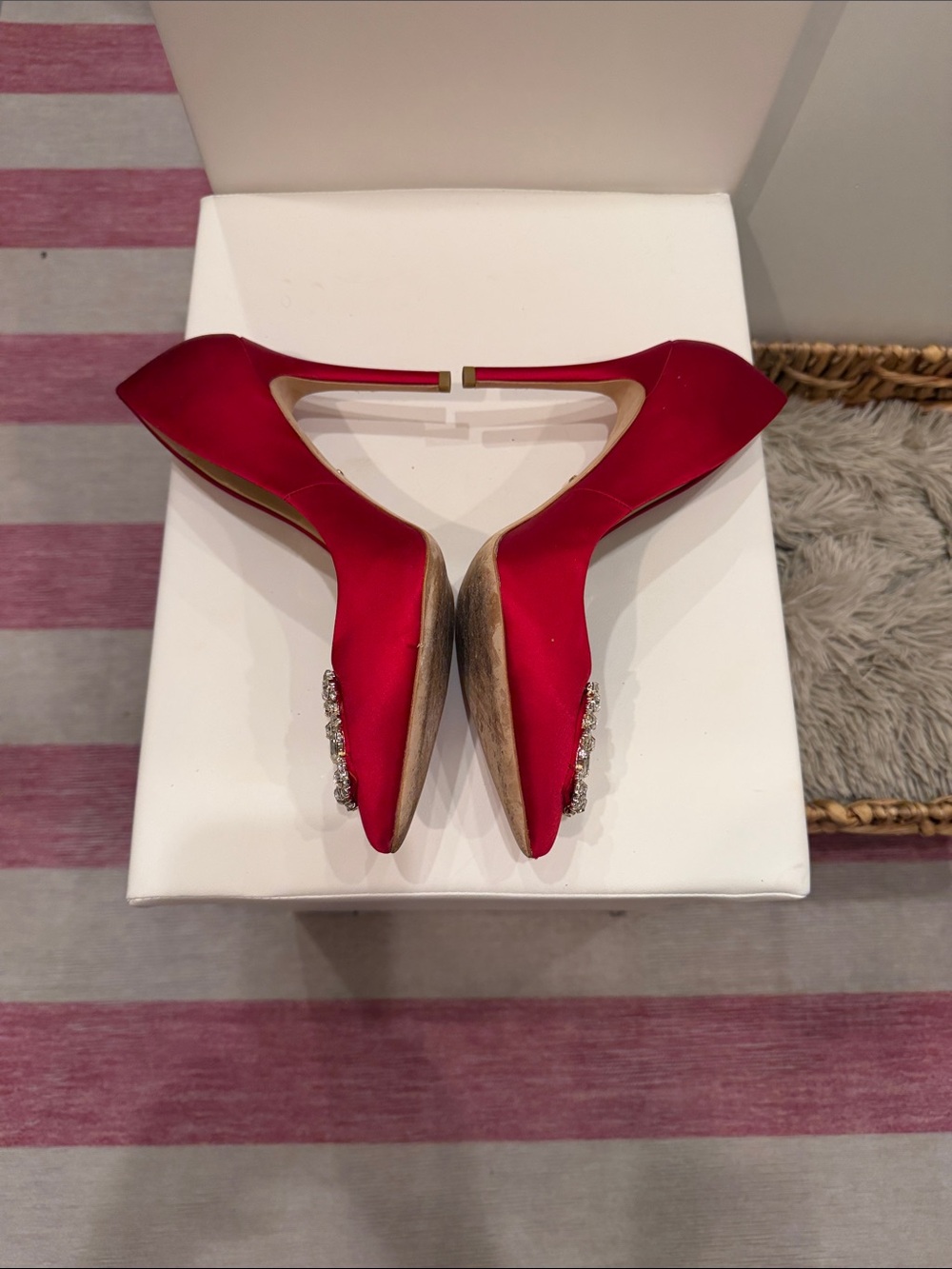Badgley Mischka Red Satin Pointed-Toe Pumps with Crystal Buckle - Picture 2 of 4